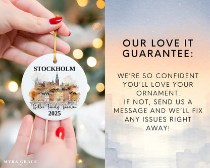 Custom vacation Stockholm ceramic photo ornament with personalized message – handmade Christmas bauble, gift souvenir, or vacation keepsake. Love it guarantee