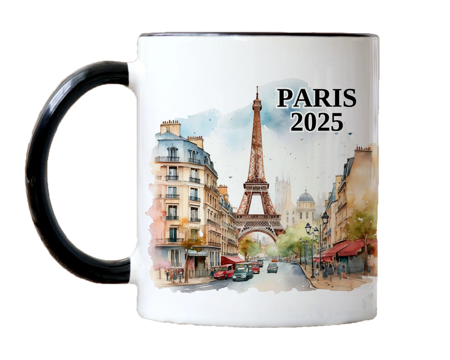 Custom ceramic Paris France vacation mug with watercolor location design, date, and personal photo – personalized travel gift or photo mug. 