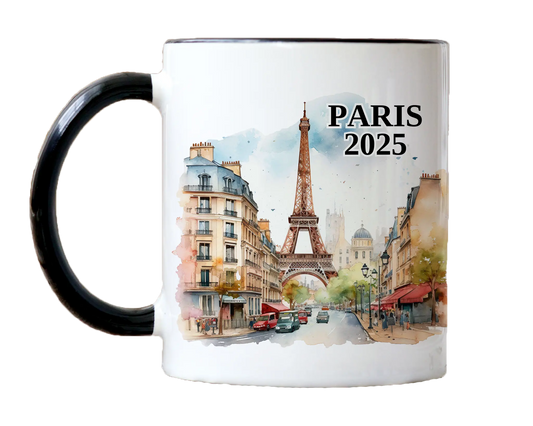 Custom ceramic Paris France vacation mug with watercolor location design, date, and personal photo – personalized travel gift or photo mug. 