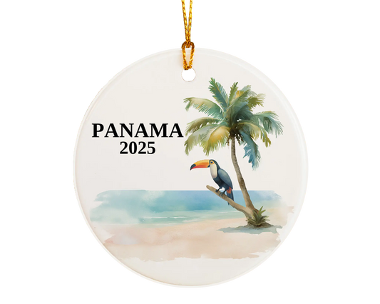 Custom Panama ceramic photo ornament with personalized message – handmade Christmas bauble, gift souvenir, or vacation keepsake. 