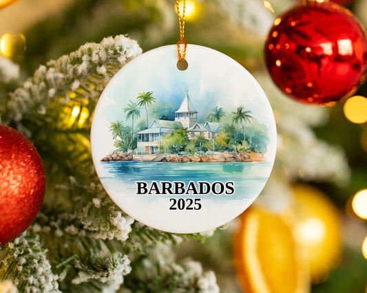Custom Barbados ceramic photo ornament with personalized message – handmade Christmas bauble, gift souvenir, or vacation keepsake.