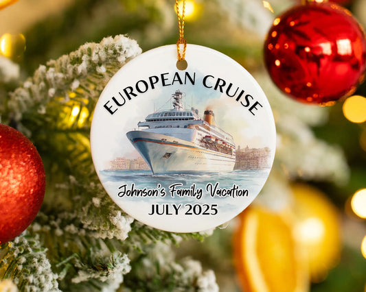 Handmade ceramic Europe cruise ornament with personalized location and photo – custom Christmas bauble or cruise vacation souvenir.