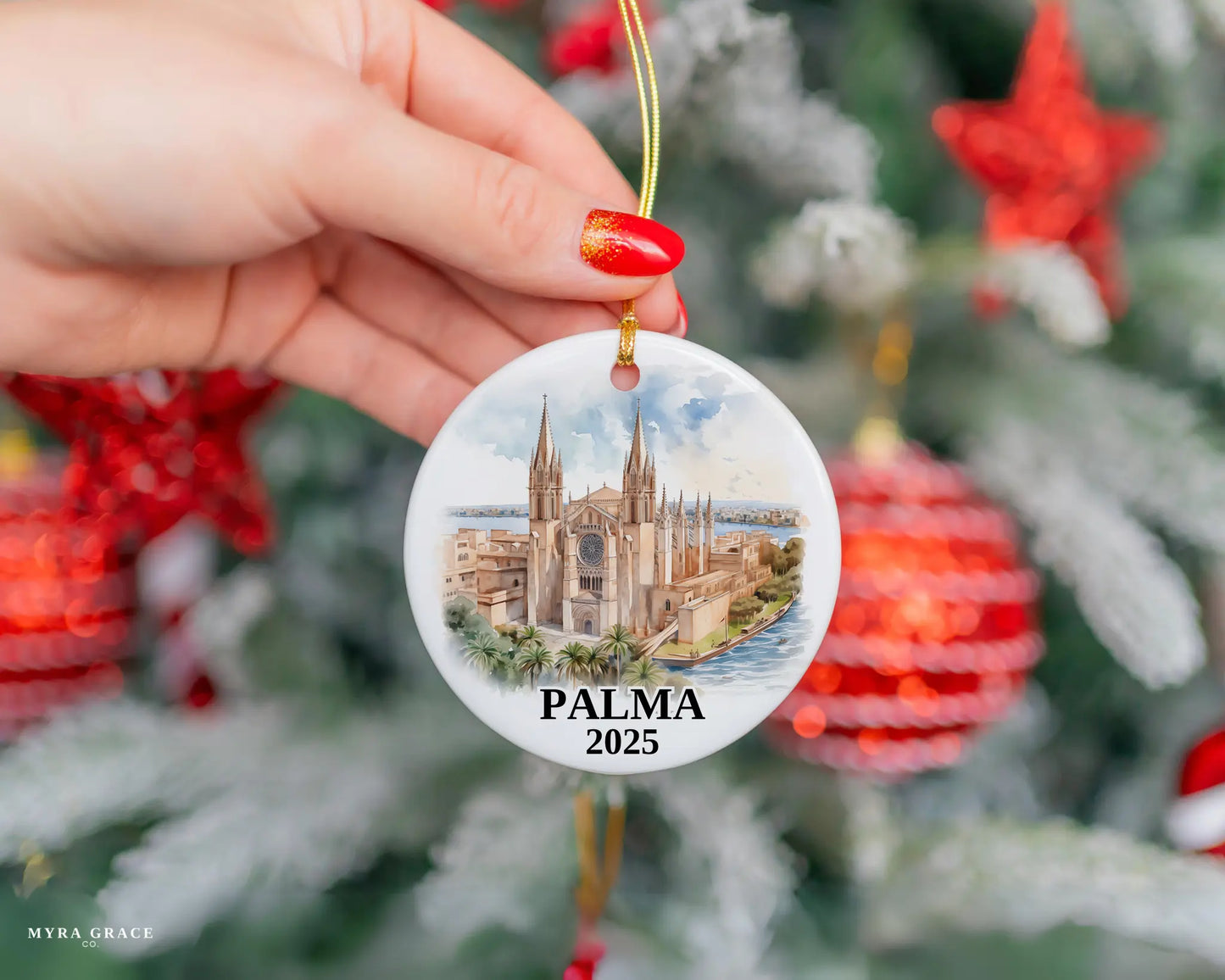 Palma Spain Ornament Custom Gift Souvenir Bauble. Custom Palma Spain ceramic photo ornament with personalized message – handmade Christmas bauble, gift souvenir, or vacation keepsake.  