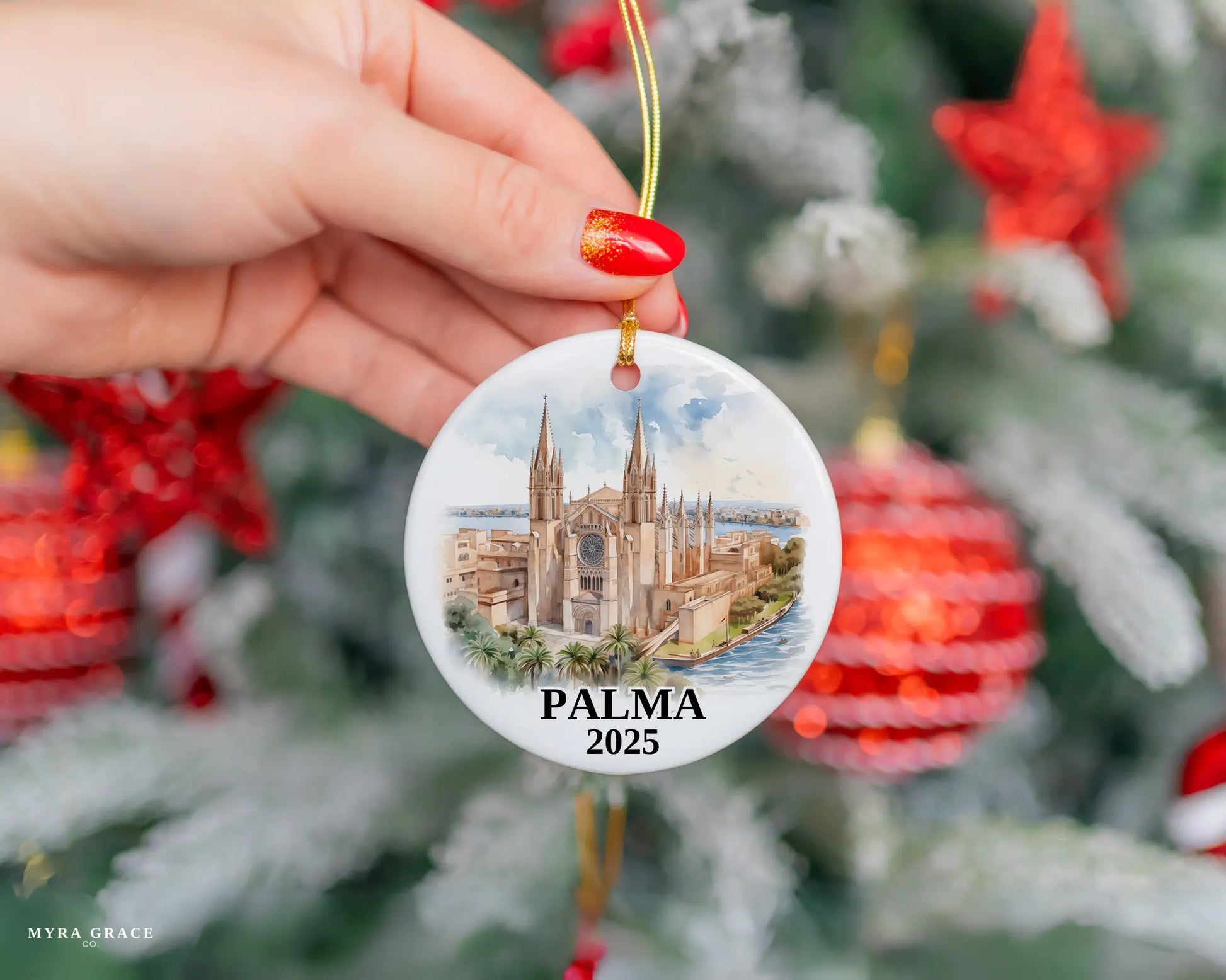 Palma Spain Ornament Custom Gift Souvenir Bauble. Custom Palma Spain ceramic photo ornament with personalized message – handmade Christmas bauble, gift souvenir, or vacation keepsake.  