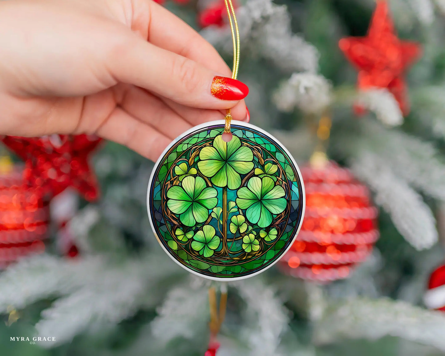 Ceramic ornament with shamrocks and clovers – non-customizable lucky charm gift or seasonal keepsake