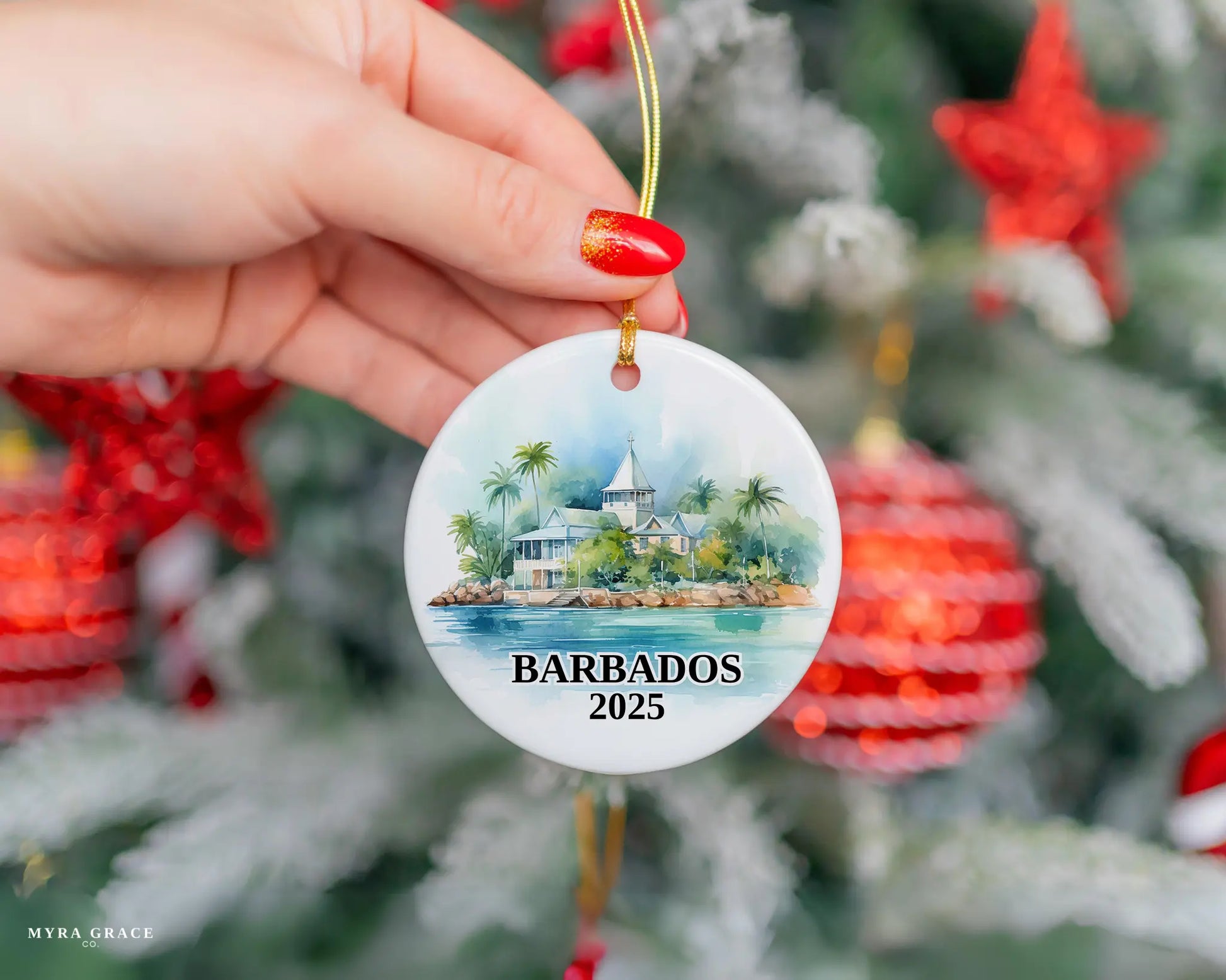 Custom Barbados ceramic photo ornament with personalized message – handmade Christmas bauble, gift souvenir, or vacation keepsake.