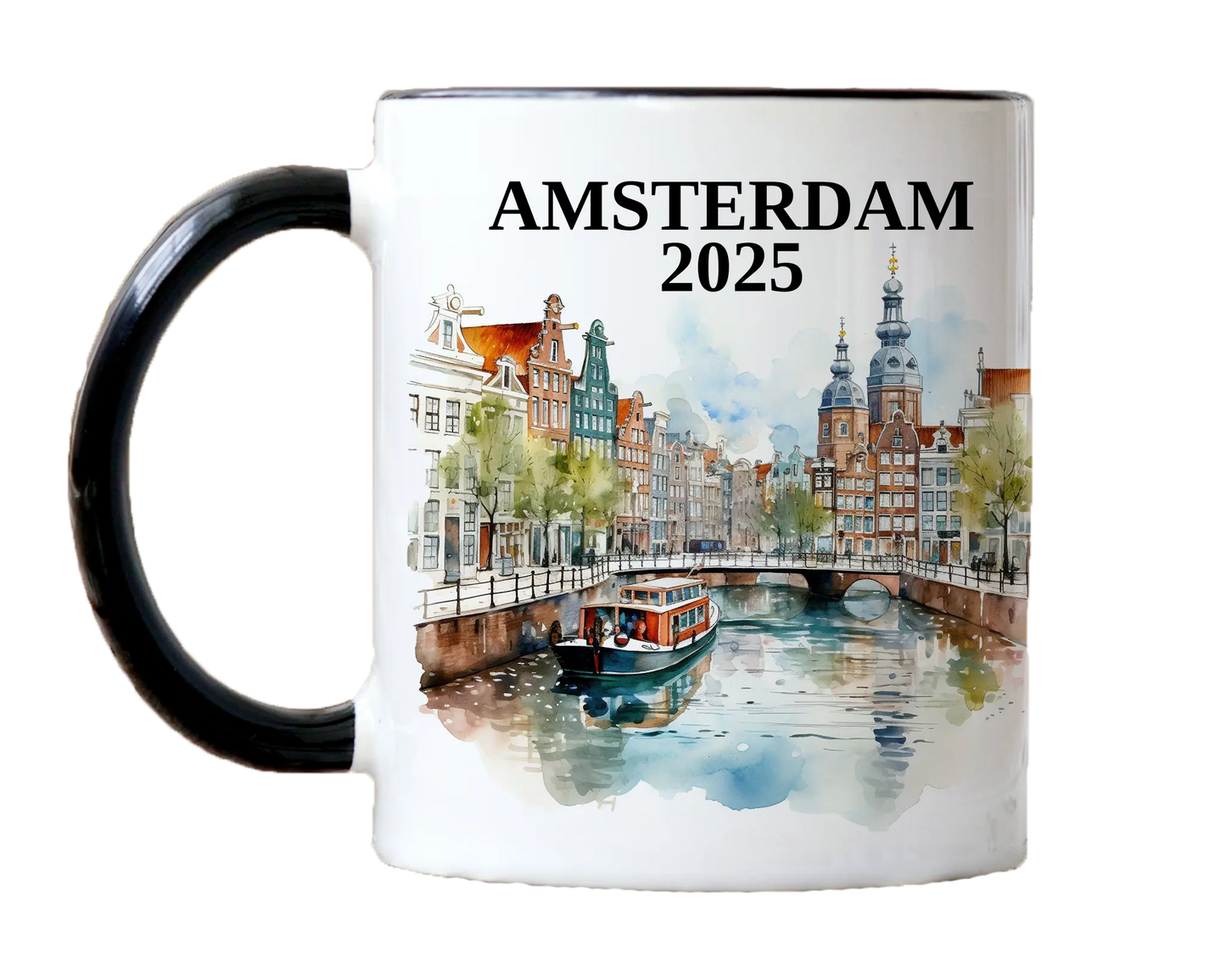 Custom ceramic Amsterdam vacation mug with watercolor location design, date, and personal photo – personalized travel gift or photo mug. 