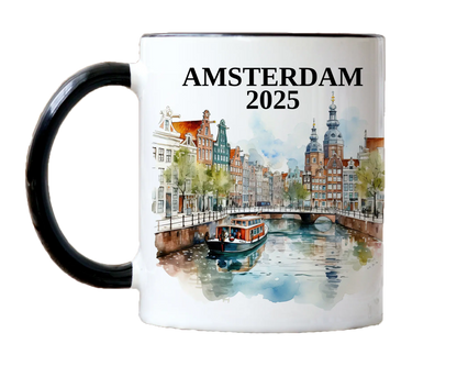 Custom ceramic Amsterdam vacation mug with watercolor location design, date, and personal photo – personalized travel gift or photo mug. 