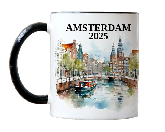 Custom ceramic Amsterdam vacation mug with watercolor location design, date, and personal photo – personalized travel gift or photo mug. 