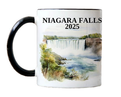 Custom ceramic Niagara Falls vacation mug with watercolor location design, date, and personal photo – personalized travel gift or photo mug. 