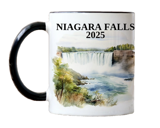 Custom ceramic Niagara Falls vacation mug with watercolor location design, date, and personal photo – personalized travel gift or photo mug. 