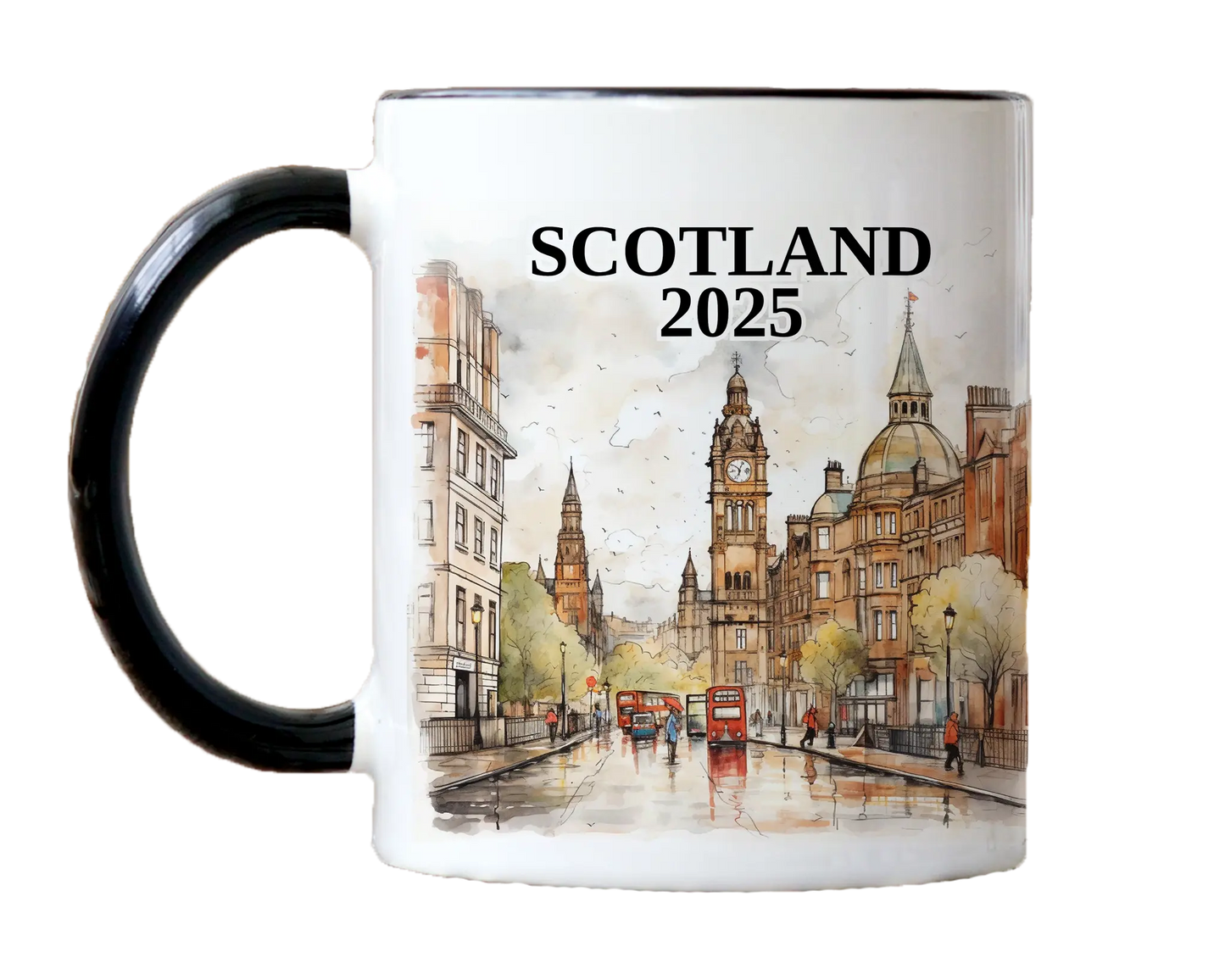 Custom ceramic Scotland vacation mug with watercolor location design, date, and personal photo – personalized travel gift or photo mug.