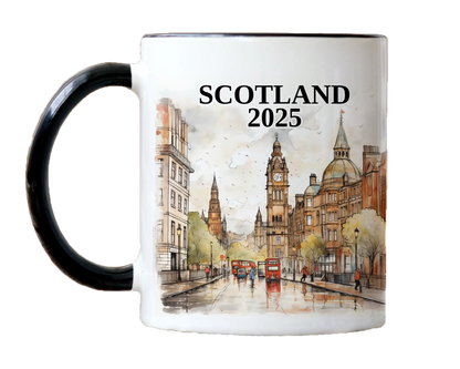 Custom ceramic Scotland vacation mug with watercolor location design, date, and personal photo – personalized travel gift or photo mug.
