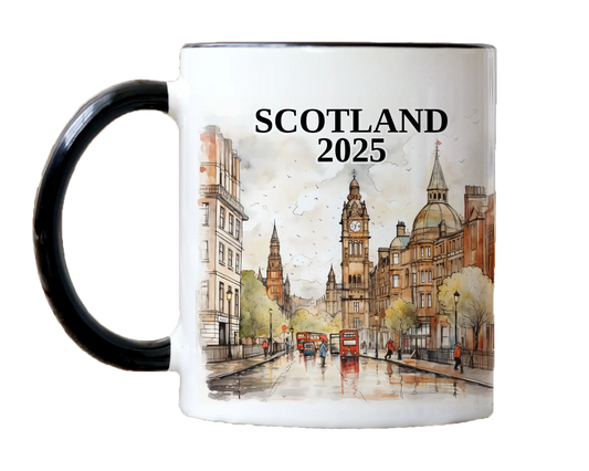 Custom ceramic Scotland vacation mug with watercolor location design, date, and personal photo – personalized travel gift or photo mug.