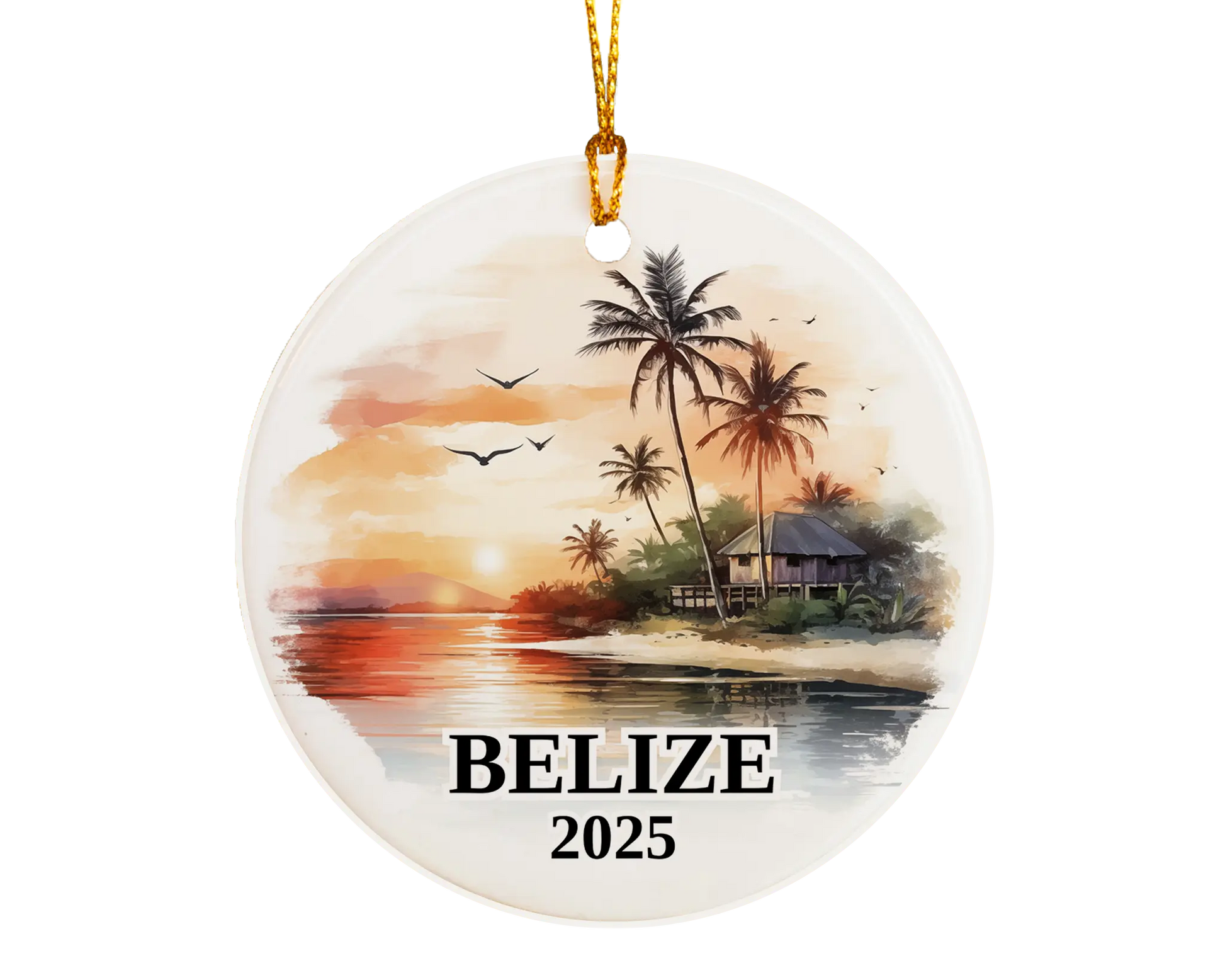 Custom Belize ceramic photo ornament with personalized message – handmade Christmas bauble, gift souvenir, or vacation keepsake.  