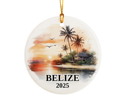 Custom Belize ceramic photo ornament with personalized message – handmade Christmas bauble, gift souvenir, or vacation keepsake.  