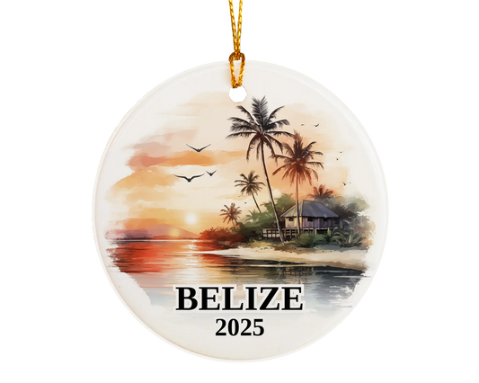 Custom Belize ceramic photo ornament with personalized message – handmade Christmas bauble, gift souvenir, or vacation keepsake.  