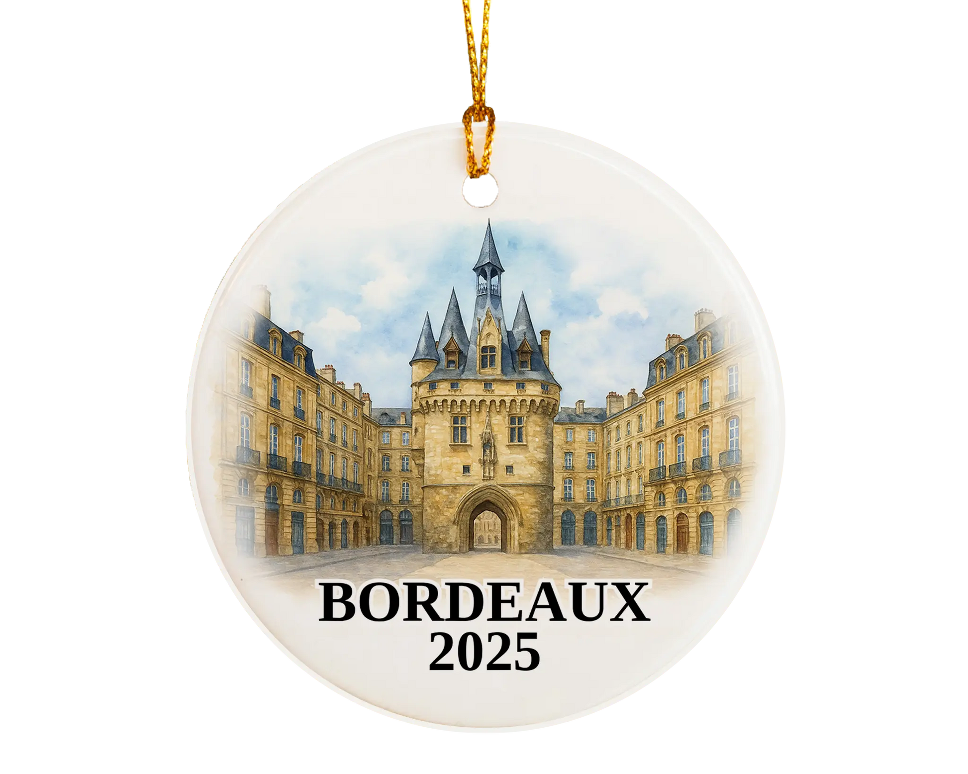 Custom Bordeaux France ceramic photo ornament with personalized message – handmade Christmas bauble, gift souvenir, or vacation keepsake. 