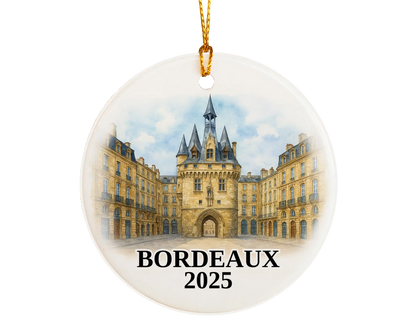 Custom Bordeaux France ceramic photo ornament with personalized message – handmade Christmas bauble, gift souvenir, or vacation keepsake. 