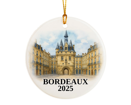 Custom Bordeaux France ceramic photo ornament with personalized message – handmade Christmas bauble, gift souvenir, or vacation keepsake. 