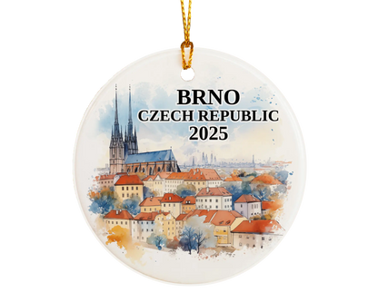 Custom Brno, Czech Republic ceramic photo ornament with personalized message – handmade Christmas bauble, gift souvenir, or vacation keepsake. 