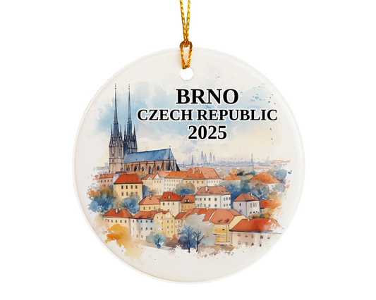 Custom Brno, Czech Republic ceramic photo ornament with personalized message – handmade Christmas bauble, gift souvenir, or vacation keepsake. 