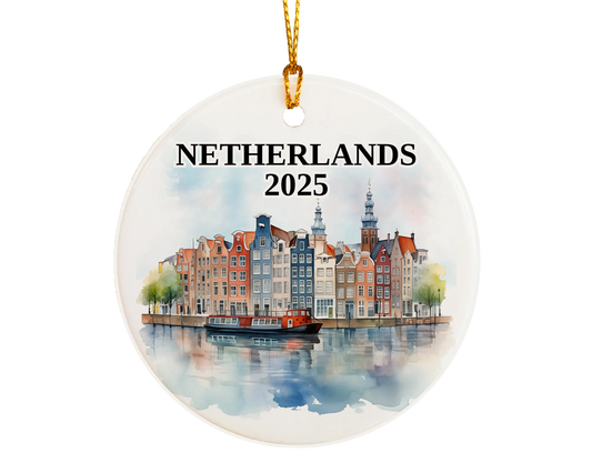 Custom Netherlands ceramic photo ornament with personalized message – handmade Christmas bauble, gift souvenir, or vacation keepsake.  