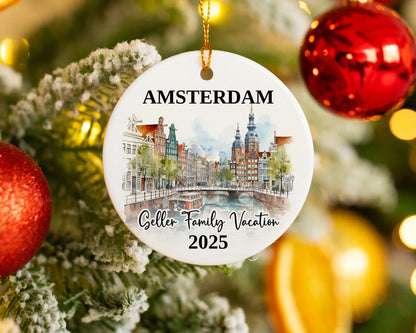 Custom vacation Amsterdam ceramic photo ornament with personalized message – handmade Christmas bauble, gift souvenir, or vacation keepsake. 