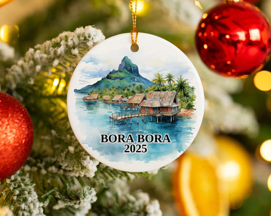 Custom Bora Bora ceramic photo ornament with personalized message – handmade Christmas bauble, gift souvenir, or vacation keepsake.