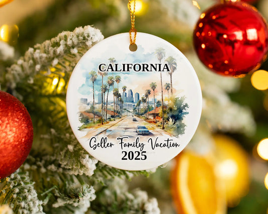 Custom vacation California Los Angeles ceramic photo ornament with personalized message – handmade Christmas bauble, gift souvenir, or vacation keepsake. 