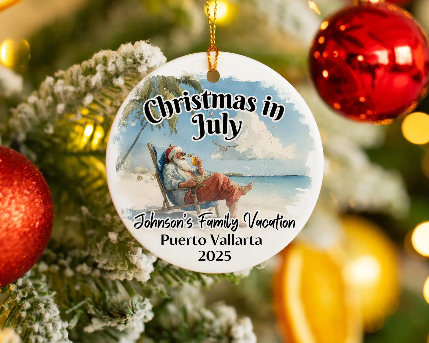 Custom vacation ceramic photo ornament with personalized message – handmade Christmas bauble, gift souvenir, or vacation keepsake. Christmas in July. 