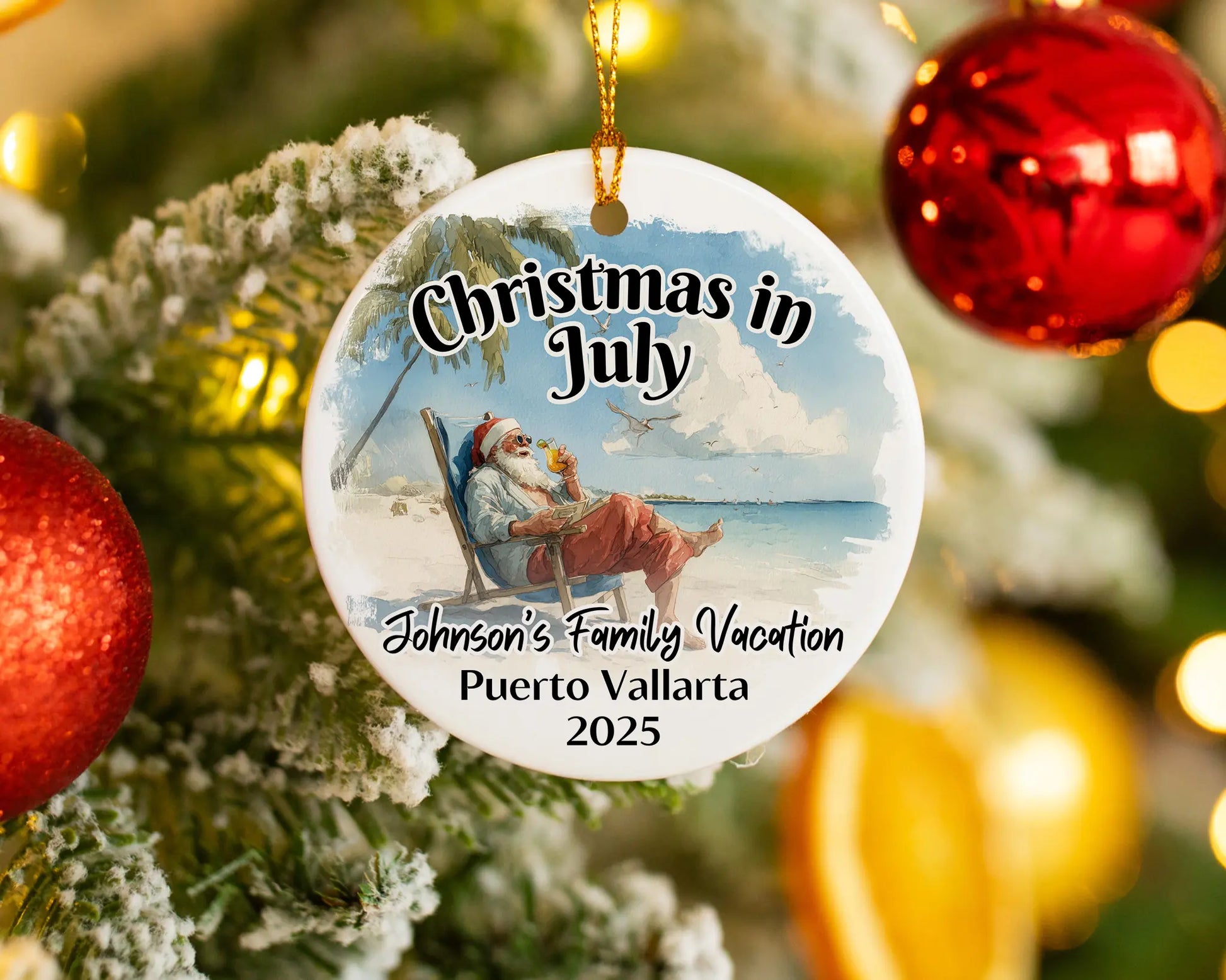 Custom vacation ceramic photo ornament with personalized message – handmade Christmas bauble, gift souvenir, or vacation keepsake. Christmas in July. 
