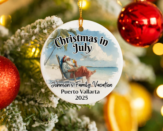 Custom vacation ceramic photo ornament with personalized message – handmade Christmas bauble, gift souvenir, or vacation keepsake. Christmas in July. 