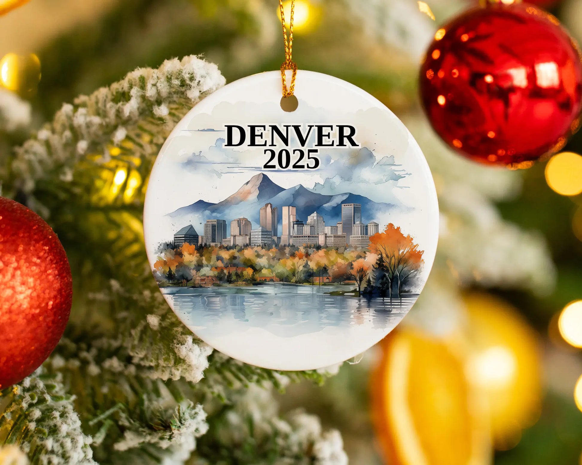Custom Denver ceramic photo ornament with personalized message – handmade Christmas bauble, gift souvenir, or vacation keepsake.  
