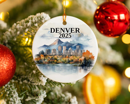 Custom Denver ceramic photo ornament with personalized message – handmade Christmas bauble, gift souvenir, or vacation keepsake.  