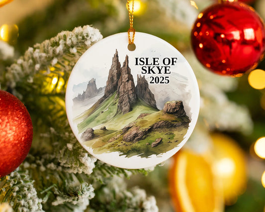 Custom Isle of Skye Scotland ceramic photo ornament with personalized message – handmade Christmas bauble, gift souvenir, or vacation keepsake.  