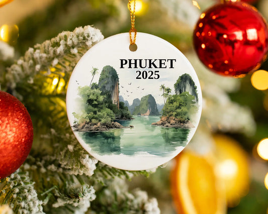 Custom Phuket Thailand ceramic photo ornament with personalized message – handmade Christmas bauble, gift souvenir, or vacation keepsake. 