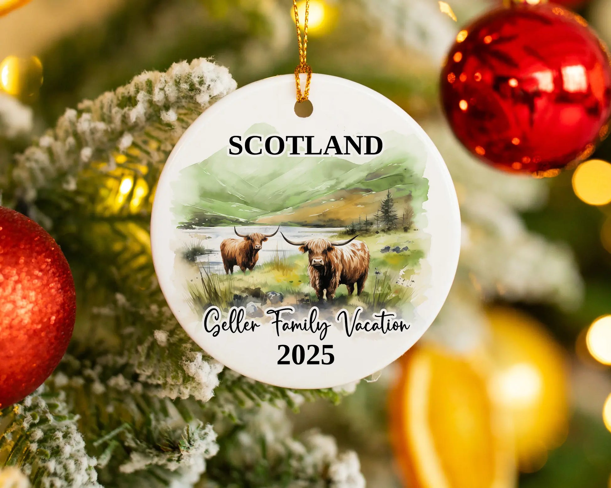 Custom vacation Scotland Highland Cows ceramic photo ornament with personalized message – handmade Christmas bauble, gift souvenir, or vacation keepsake. 