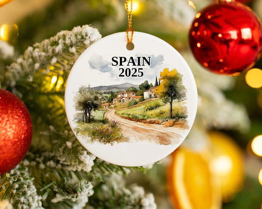 Custom Spain ceramic photo ornament with personalized message – handmade Christmas bauble, gift souvenir, or vacation keepsake. 