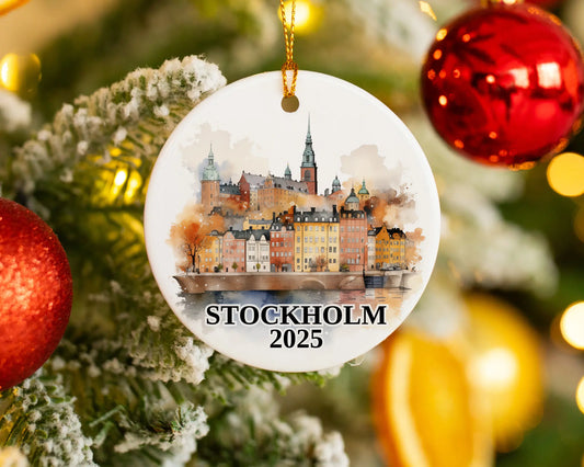 Custom Stockholm Sweden ceramic photo ornament with personalized message – handmade Christmas bauble, gift souvenir, or vacation keepsake. 