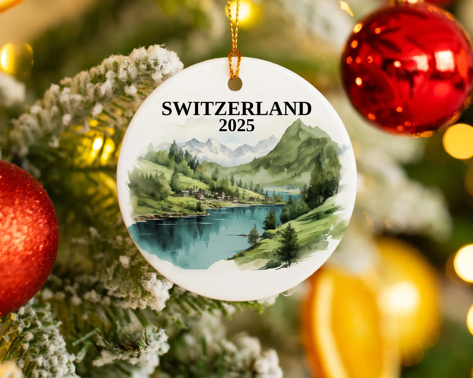 Custom Switzerland ceramic photo ornament with personalized message – handmade Christmas bauble, gift souvenir, or vacation keepsake. 