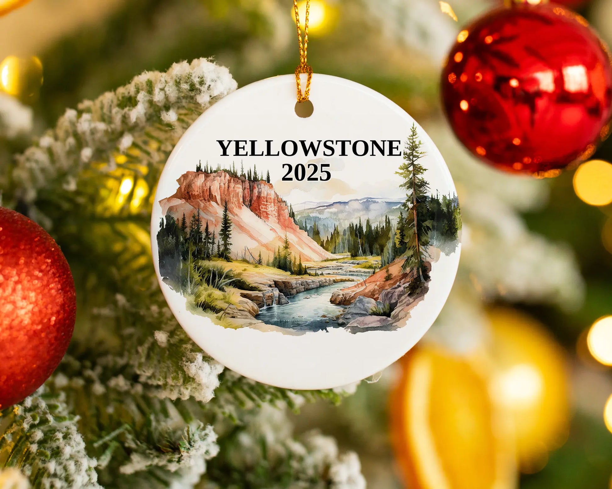Custom Yellowstone National Park ceramic photo ornament with personalized message – handmade Christmas bauble, gift souvenir, or vacation keepsake. 