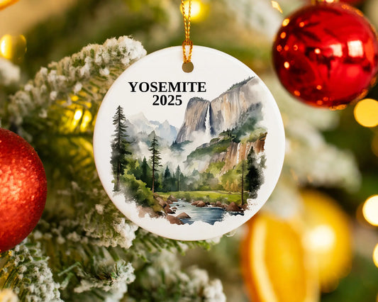 Custom Yosemite National Park ceramic photo ornament with personalized message – handmade Christmas bauble, gift souvenir, or vacation keepsake. 