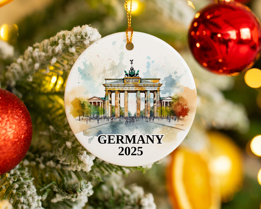Custom Germany Berlin Gate ceramic photo ornament with personalized message – handmade Christmas bauble, gift souvenir, or vacation keepsake.  