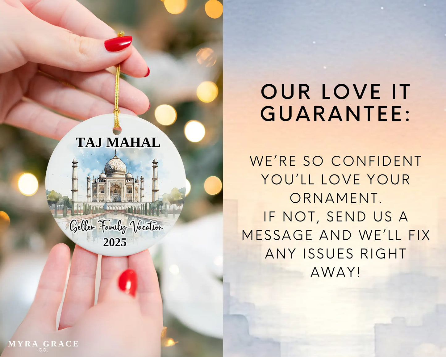 Custom vacation Taj Mahal ceramic photo ornament with personalized message – handmade Christmas bauble, gift souvenir, or vacation keepsake. Love it guarantee