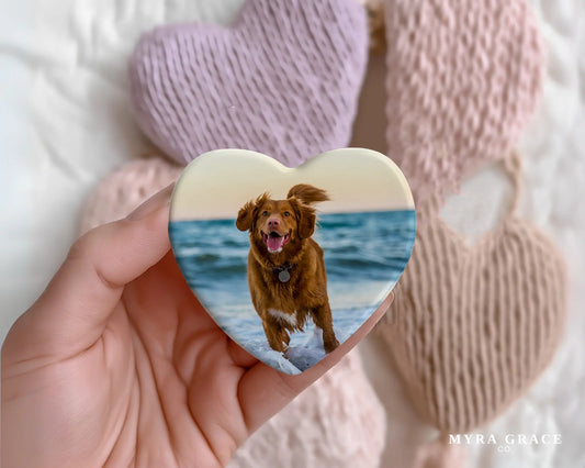 Heart-shaped custom dog ceramic photo magnet on fridge – handmade personalized gift or Christmas fridge magnet. 