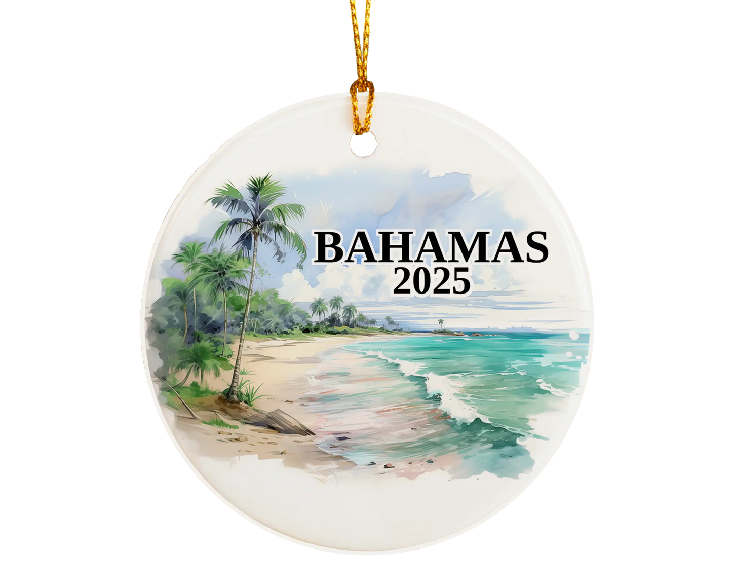 Custom Bahamas ceramic photo ornament with personalized message – handmade Christmas bauble, gift souvenir, or vacation keepsake.