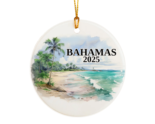 Custom Bahamas ceramic photo ornament with personalized message – handmade Christmas bauble, gift souvenir, or vacation keepsake.