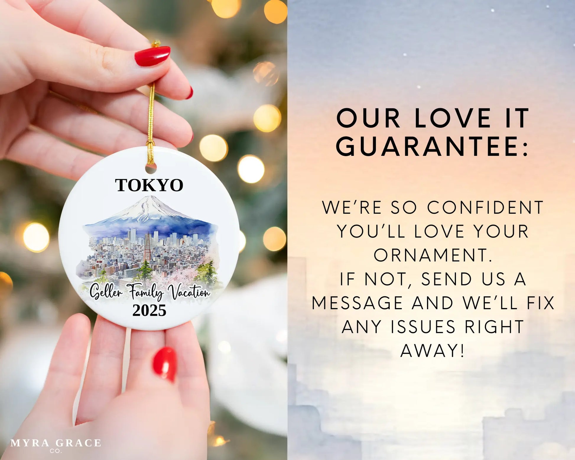 Custom vacation Tokyo Japan ceramic photo ornament with personalized message – handmade Christmas bauble, gift souvenir, or vacation keepsake. Love it guarantee