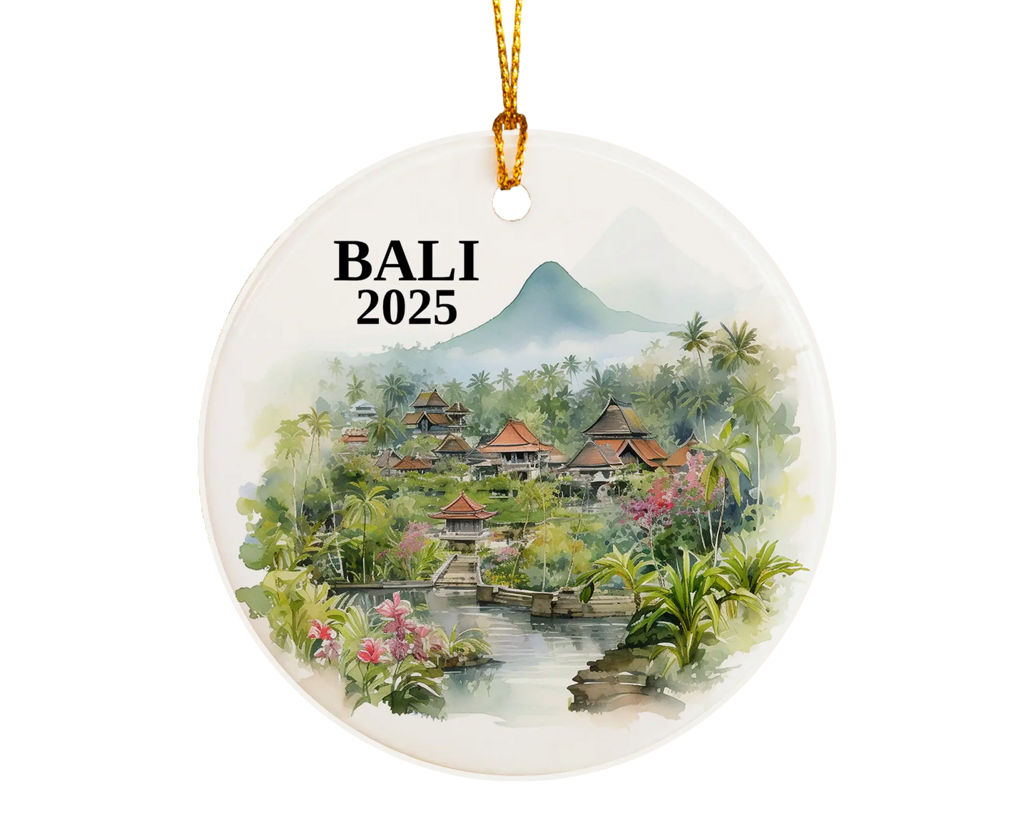 Custom Bali ceramic photo ornament with personalized message – handmade Christmas bauble, gift souvenir, or vacation keepsake.